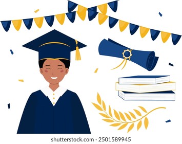 Happy male student with graduation attributes. Diploma, cap with tassel, laurel branches, flags garland and confetti. Design elements for stickers, card, poster, scrapbooking, advertising, flyer.