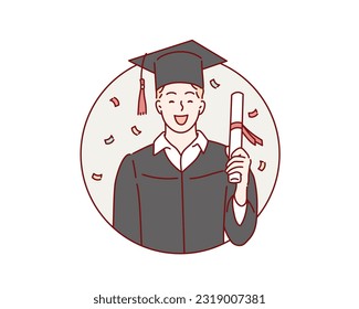 Happy male student holding diploma vector flat illustration. 
graduated man holding degree. Hand drawn style vector design illustrations.