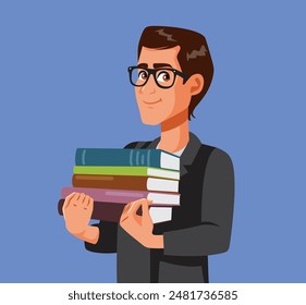 
Profesor feliz masculino sosteniendo la Ilustración vectorial de novelas literarias. Profesor alegre llevando libros a la clase
