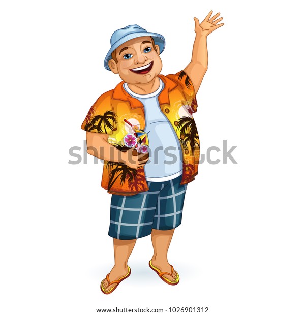 ハワイのシャツを着た男性の幸せな旅行者と手を振るパナマ 彼は手にカクテルを持ってココナツを持っている ハワイ諸島の祝日 ベクターイラスト 漫画のスタイルの文字 のベクター画像素材 ロイヤリティフリー