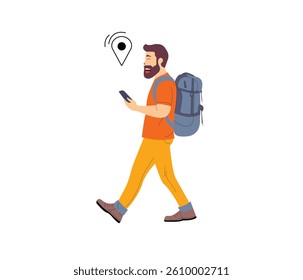 Happy Male Tourist Using Smartphone with Backpack and GPS Icon – Flat Vector Illustration