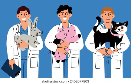 Happy male veterinarians with a happy variety of pets in their arms. Vector illustration of animal care. Flat style. Veterinarian boys with animals pig, rabbit, cat. International Veterinarian's Day