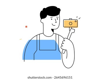 Um vlogger masculino feliz segura a câmera no selfie stick gravando conteúdo de vídeo, representando a criação de conteúdo de mídia social moderno e engajamento de tecnologia digital