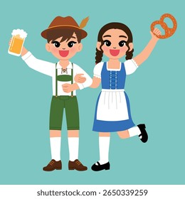 feliz masculino desgaste lederhosen braços com sorriso feminino desgaste tradicional vestido dirndl personagem de desenho animado comemorar Oktoberfest com cervejas e pretzel ilustração