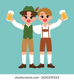 feliz masculino vestir lederhosen abraço seu amigo com sorriso homem vestir traje tradicional personagem de desenho animado celebrar Oktoberfest com cerveja ilustração