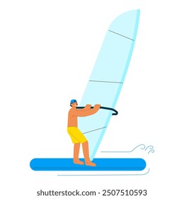 Happy male windsurfing, standing on a sail board. Outdoor water sport activities. Modern flat vector illustration.