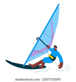 Happy male windsurfing, standing on a sail board. Outdoor water sport activities. Modern flat vector illustration.