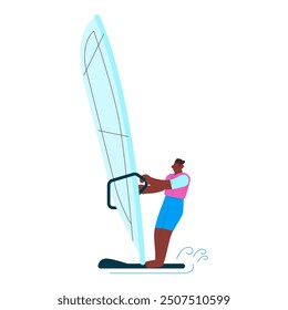 Happy male windsurfing, standing on a sail board. Outdoor water sport activities. Modern flat vector illustration.