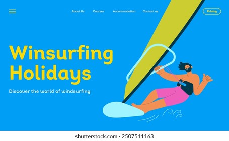 Happy male windsurfing, standing on a sail board. Outdoor water sport activities. Modern flat vector illustration. Windsurfing holidays. Landing page and website banner template.