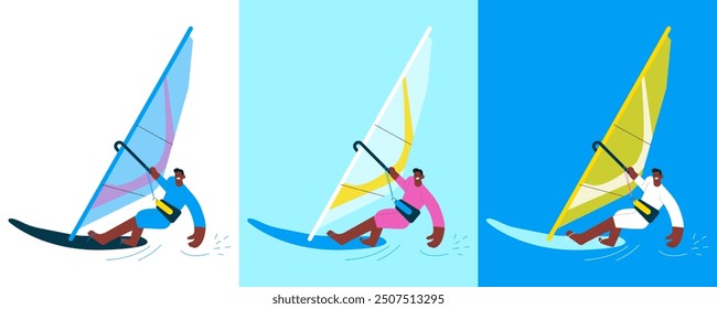 Happy male windsurfing, standing on a sail board. Outdoor water sport activities. Color sets. Modern flat vector illustration.