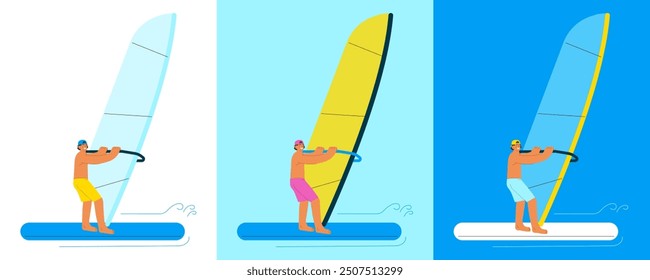 Happy male windsurfing, standing on a sail board. Outdoor water sport activities. Color sets. Modern flat vector illustration.