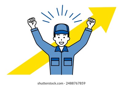 Happy male worker with his hands raised and an arrow pointing up