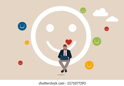 Happy male working with computer laptop on smile face with lovely heart metaphor of happiness and joyful. Work happiness, enjoy working or career satisfaction.