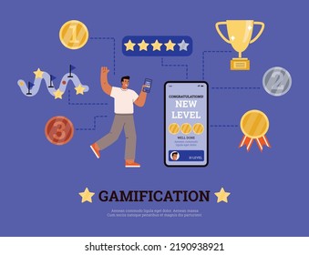 Happy man achieved nre level in game, concept of gamification - flat vector illustration. Character is motivated by the process of gamification. Person completes challenges and wins awards.