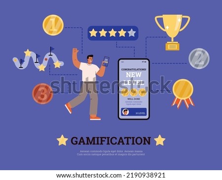 Happy man achieved nre level in game, concept of gamification - flat vector illustration. Character is motivated by the process of gamification. Person completes challenges and wins awards.