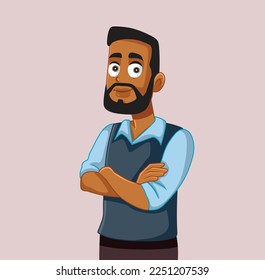 
Happy Man of African Ethnicity Smiling with Arms Crossed Vector Cartoon. Confident guy feeling carefree and relaxed 
