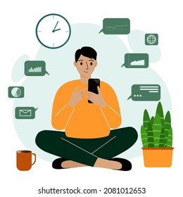 Happy man analyzing data on her mobile and sitting cross-legged. Business graphs and charts. Vector flat illustration.