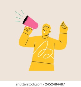 Hombre feliz anunciando, gritando fuerte, publicidad, sosteniendo megáfono. Ilustración vectorial colorida
