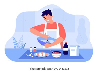 Happy man in apron mixing ingredients in bowl flat vector illustration. Cartoon guy preparing dough or cooking dessert at kitchen table. Homemade pastry and baking concept