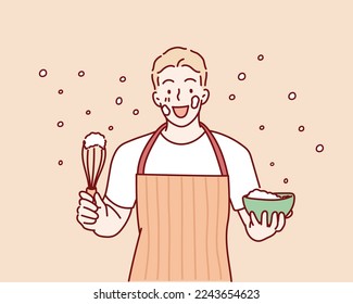 Happy man in apron mixing ingredients in bowl.  Hand drawn style vector design illustrations.