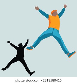 a happy man with arms extended in the air jumping cartoon style vector illustration, in the style of dark orange and light azure