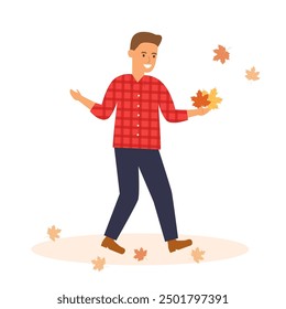 Happy man with autumn leaves in hands. Vector illustration in flat style.