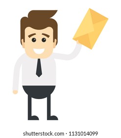 
Happy man avatar in office dressing with envelope in hand, standing happily
