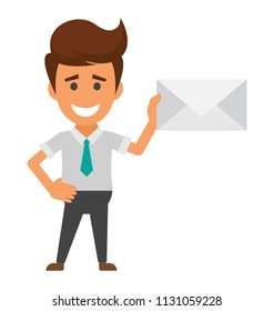 
Happy man avatar in office dressing with envelope in hand, standing happily
