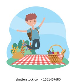 happy man with backpack and basket blanket picnic nature vector illustration