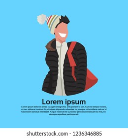happy man with backpack wearing winter clothes male cartoon character portrait copy space flat