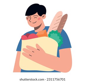 Happy man with a bag of groceries in his hands. Flat vector minimalist illustration of different people