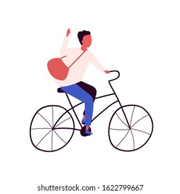 Happy man with bag riding city bicycle vector flat illustration. Positive postman guy on retro bike hand drawn isolated on white background. Handsome delivery male bicyclist.