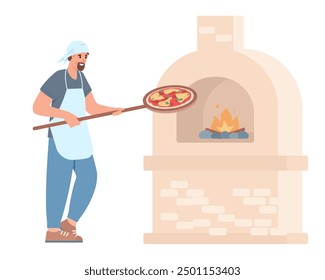 Hombre feliz horneando pizza. Carácter masculino del cocinero o del panadero que prepara la pizza en horno de piedra con el fuego. Ilustración vectorial aislada sobre fondo blanco.