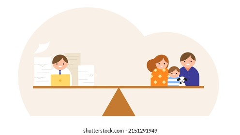Happy man balancing between working and family. Concept of work-life balance, time management, lifestyle. Flat vector illustration.