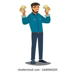 Happy man with banknotes of money in his hands. The concept of wealth. Vector illustration in cartoon style
