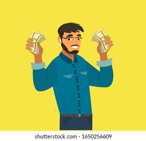 Hombre feliz con billetes de dinero en sus manos. El concepto de riqueza. Ilustración vectorial en estilo de caricatura