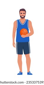 Happy man basketball player in uniform with ball isolated on white background. Vector illustration