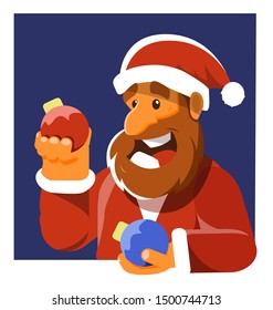 Happy man with beard and Christmas sphere New Year postcard Vector