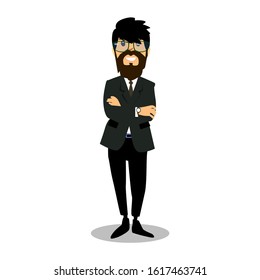 Happy man with a beard in glasses. Businessman in a dark jacket with a tie and trousers. Business style clothing, smile and funny face.