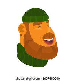 Happy man with beard and hat avatar. Smiling or laughing character's head. Cartoon vector illustration. Isolated on white.