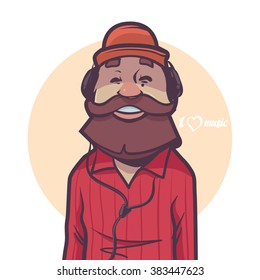 happy man with beard listening music, headphones, cap, hipster, cartoon character, vector illustration