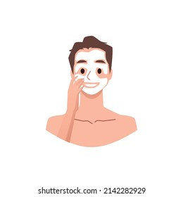 Happy man with beauty mask on face, flat vector illustration isolated on white background. Concepts of skincare routine, cosmetology and cleansing.