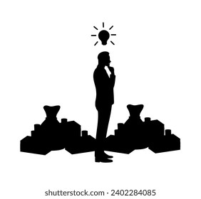 “SHOTLISTbanking”. Happy man because she had a profitable idea to have more money. Black vector illustration and white background. 