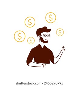 happy man becomes rich,Satisfied person with hard work.Flat vector illustration isolated on white background 4