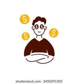 happy man becomes rich,Satisfied person with hard work.Flat vector illustration isolated on white background 2