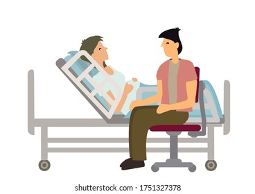 Happy man at the bedside of his pregnant wife waiting for childbirth. Flat cartoon charater vector illustration isolated on a white background.