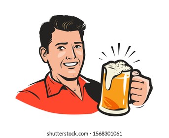 Happy man with a beer. Cartoon vector illustration