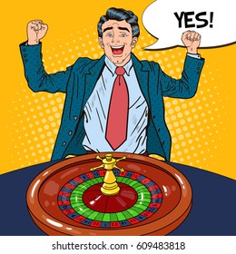 Happy Man Behind Roulette Table Celebrating Big Win. Casino Gambling. Pop Art Vector retro illustration