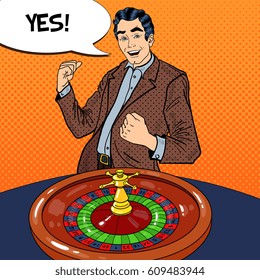 Happy Man Behind Roulette Table Celebrating Big Win. Casino Gambling. Pop Art Vector retro illustration