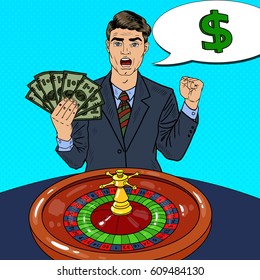 Happy Man Behind Roulette Table Celebrating Big Win. Casino Gambling. Pop Art Vector retro illustration
